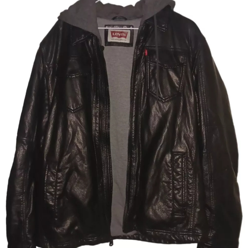 Levi's Mens Size Large Black Faux Leather Full Zip Hooded Lined Trucker Jacket